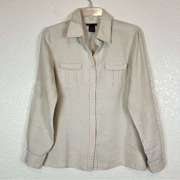 Grace Elements Tan Beige Linen Button Front Long Sleeve Shirt Size 10 - Picture 1 of 8